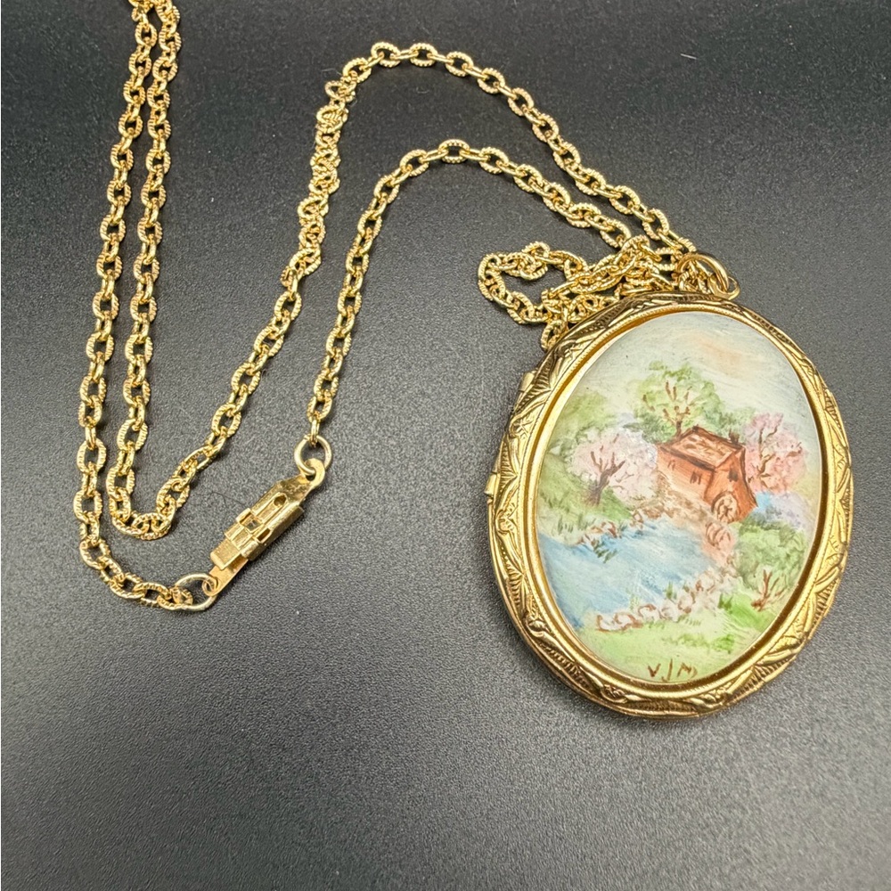 Vintage Large Painted Scene Locket Necklace Cottage Landscape GoldTone Hong Kong